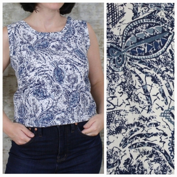 Vintage Tops - Blue Toile Print Tank Top Shell Blouse Retro Resort Mama Mia Coastal Cotton